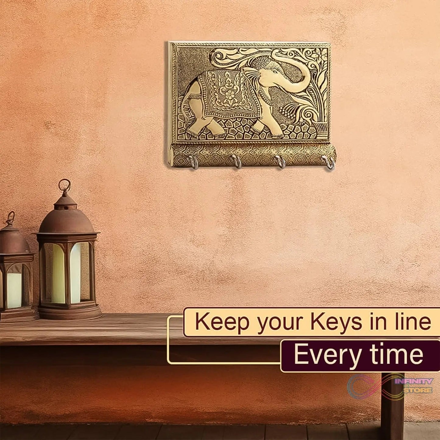 Wooden Key Holder for Home Decor Stylish Metal Gold Antique Elephant Design (1 Pc) - infinityexculsivestore.com