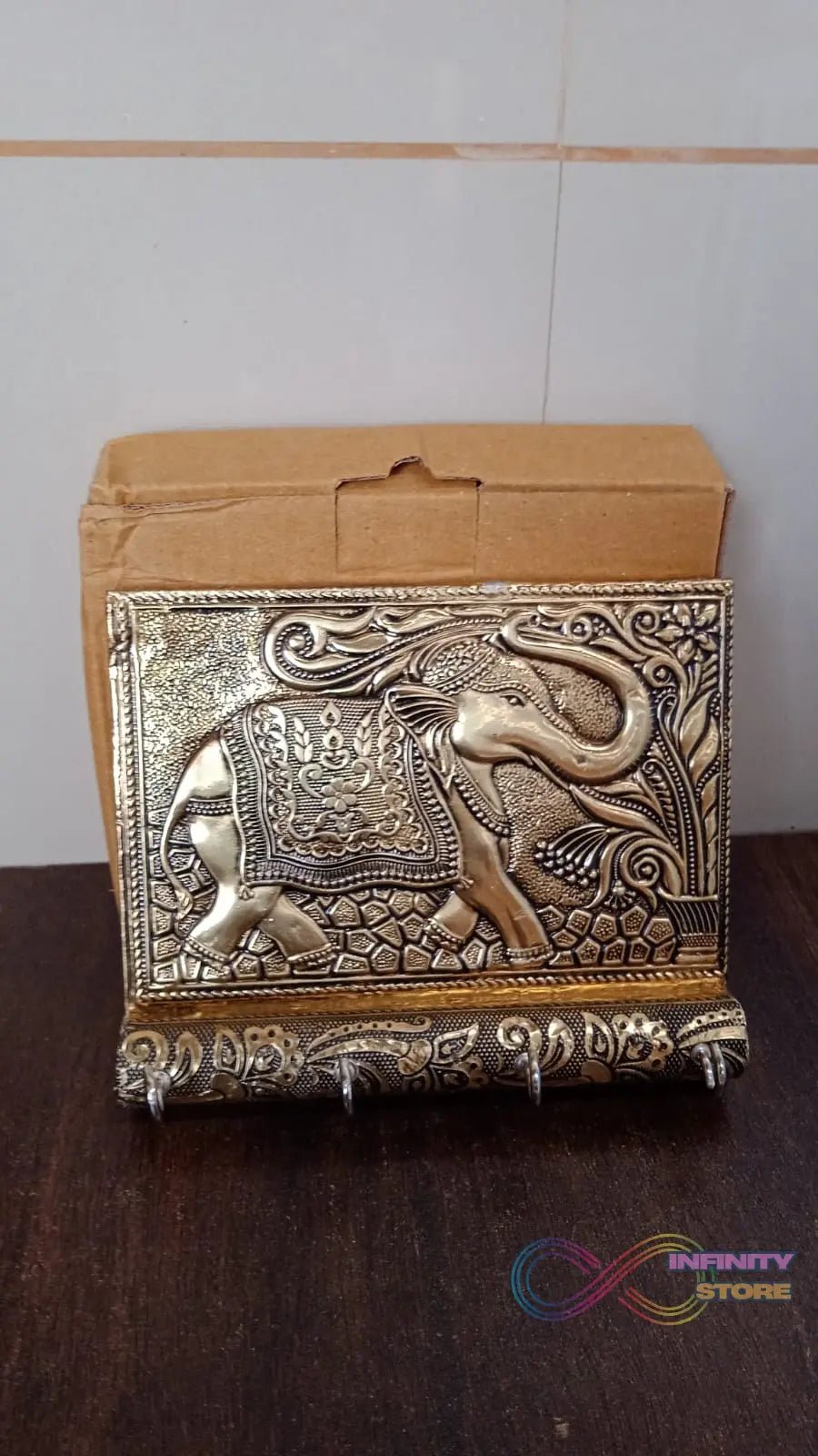 Wooden Key Holder for Home Decor Stylish Metal Gold Antique Elephant Design (1 Pc) - infinityexculsivestore.com