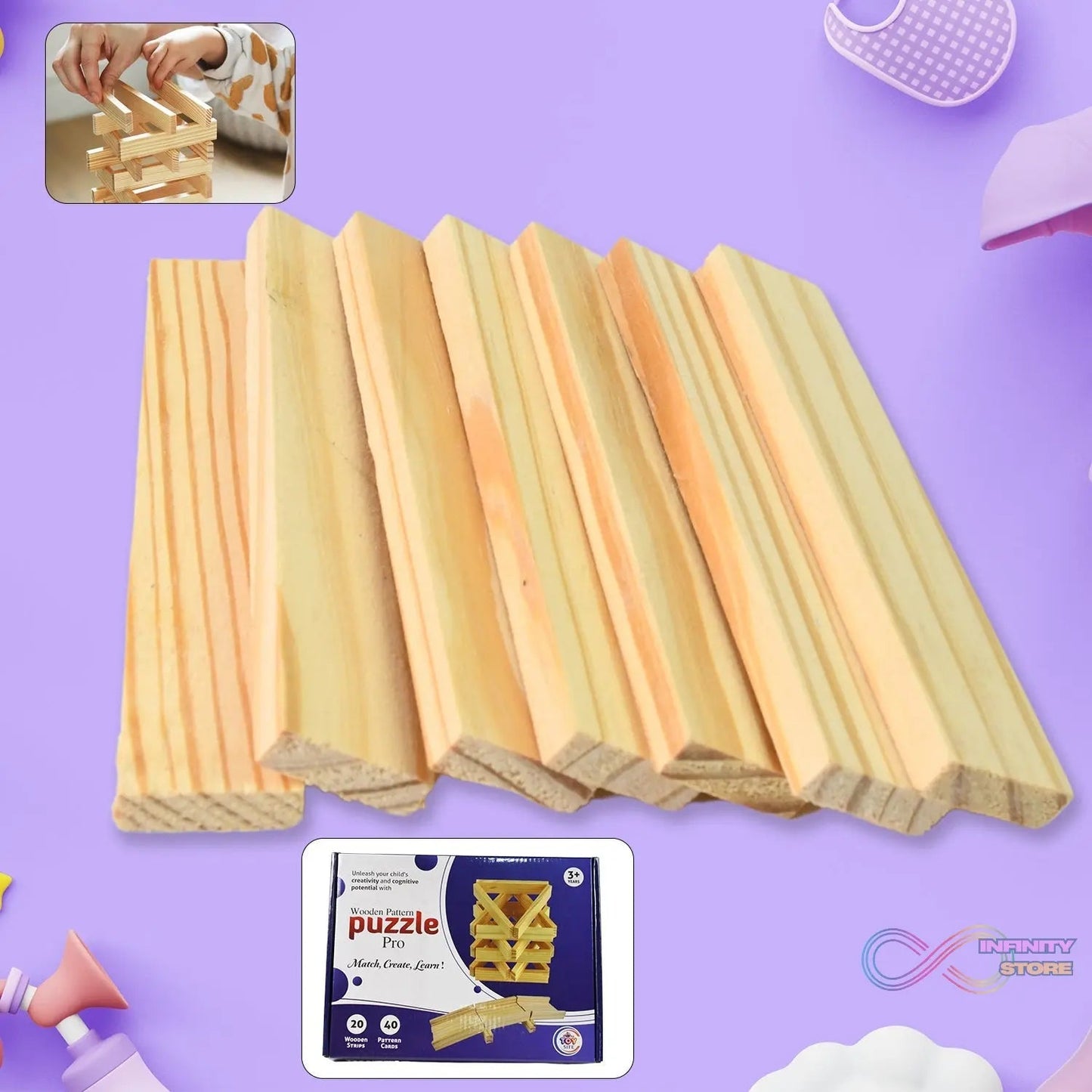 Wooden Pattern Brain Puzzles 20 Pcs Wooden Strips, 40 Pattern Cards (1 Set) - infinityexculsivestore.com