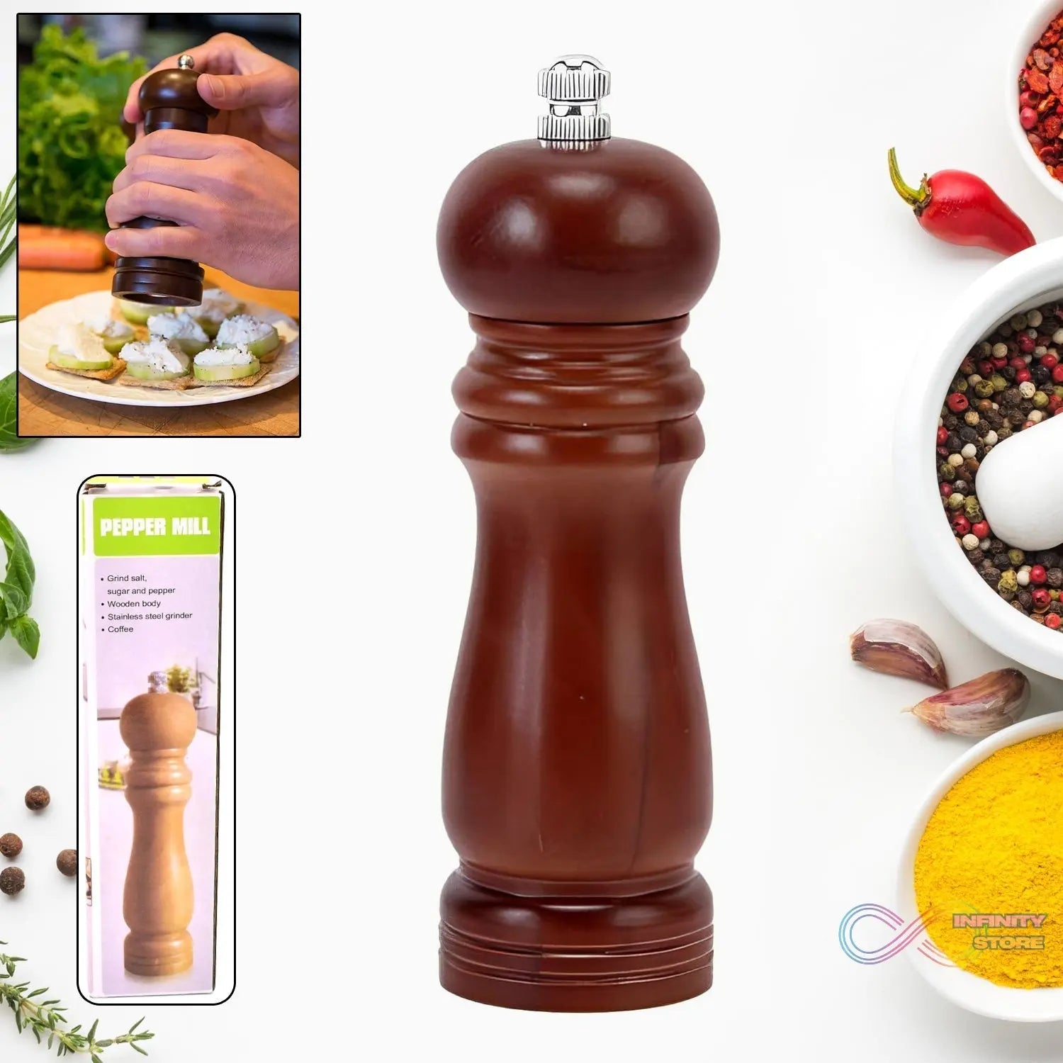 Wooden Pepper Mill 6 inch Tall - Best Pepper Grinder (1 Pc) - infinityexculsivestore.com