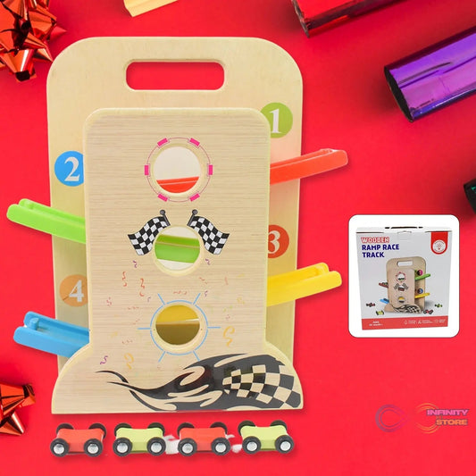 Wooden Ramp Racer Race Track Vehicle Play sets With 4 Mini Racers (with Handle) - infinityexculsivestore.com