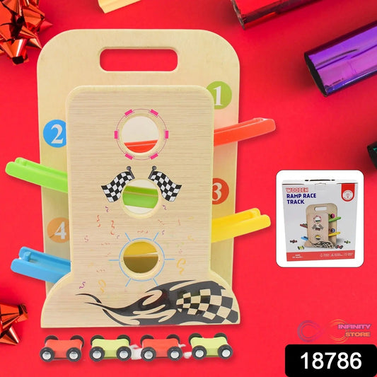 Wooden Ramp Racer Race Track Vehicle Play sets With 4 Mini Racers (with Handle) - infinityexculsivestore.com