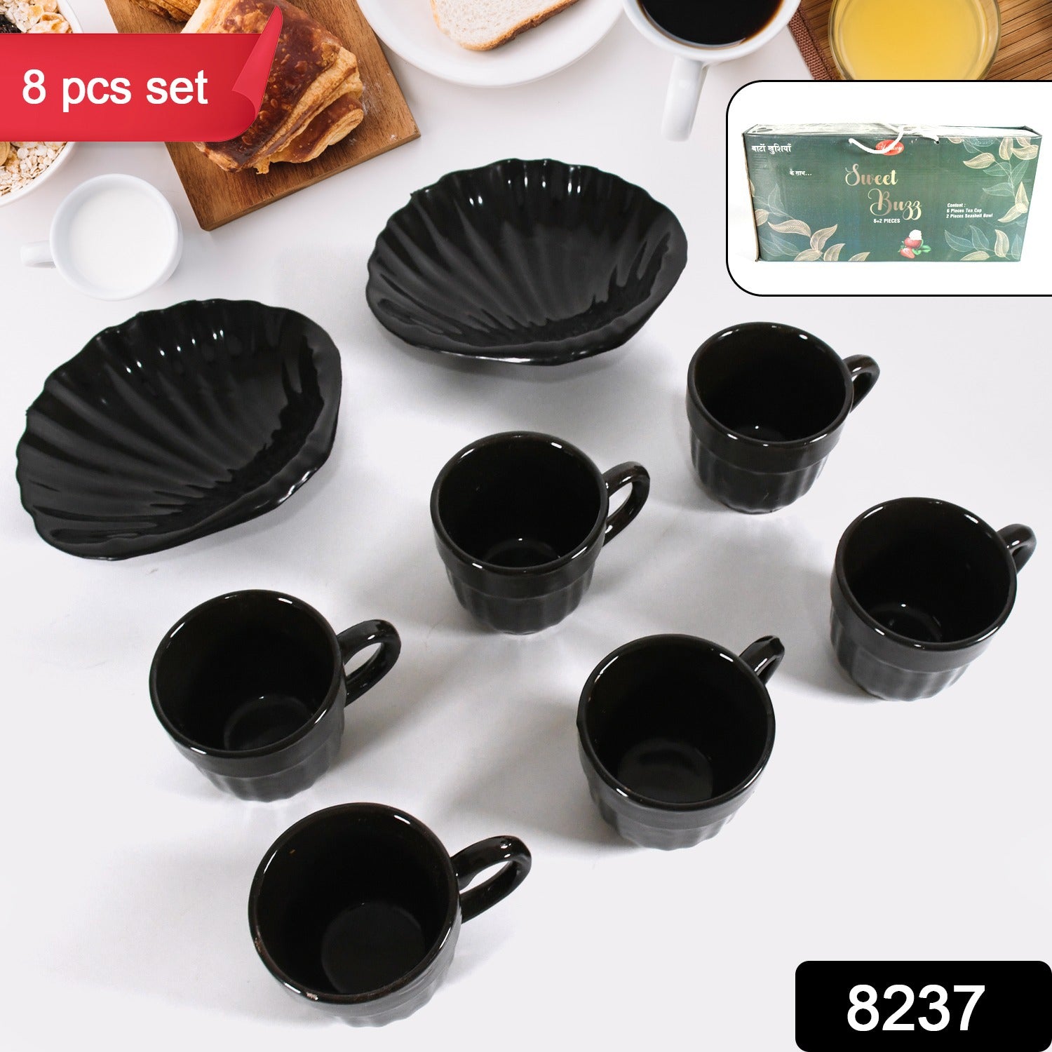 Sweet Buzz Ceramic Tea / cups / Mug Set With Seashell Shape Serving Bowl Milk Cup, Coffee Cup, Tea Cup, Breakfast Cup, Drinking Mug or Outdoor for Household, Gift for Birthday, Wedding Party (8 Pcs set) - infinityexculsivestore.com