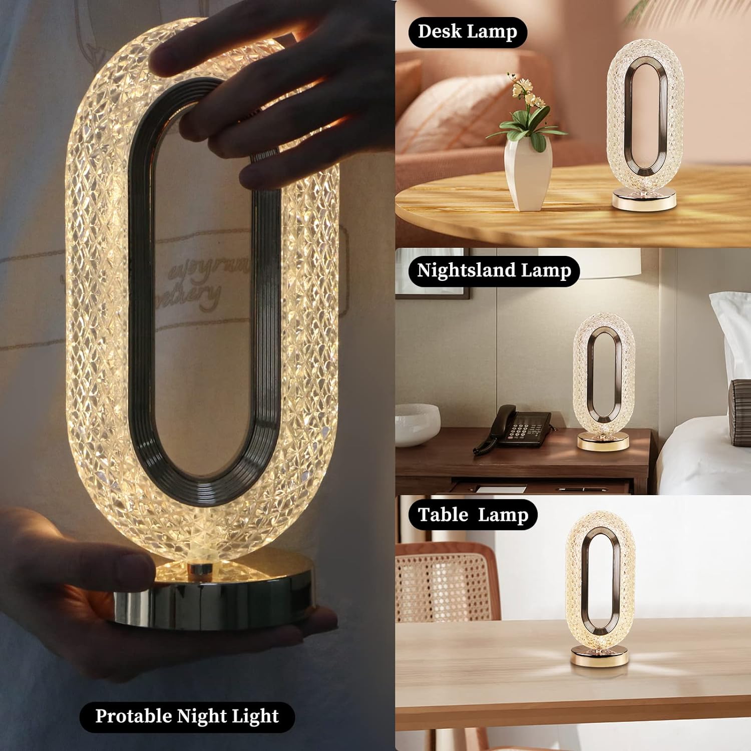 Touch Control Crystal Table Desk Lamp, 3 - Way Dimmable Light, USB Rechargeable Crystal Diamond Table Lamp, Exquisite Night Stand Light Lamp Beside Lamp for Bedroom Living Room, Decorative Desk Lamp - infinityexculsivestore.com