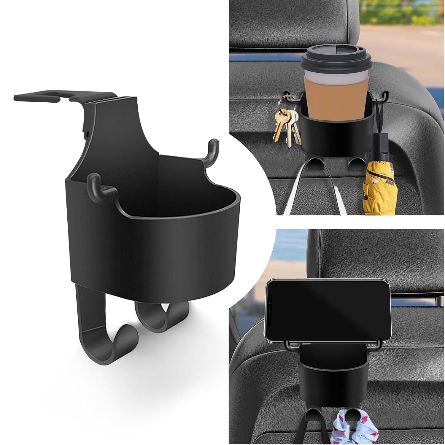 Car Headrest Backseat Organizer, 3 in 1 Automotive Cell Phone Drink cupholder Adapter with Headrest Hooks for Kids and Adults, Multifunctional Storage for Car Travel Accessories - infinityexculsivestore.com