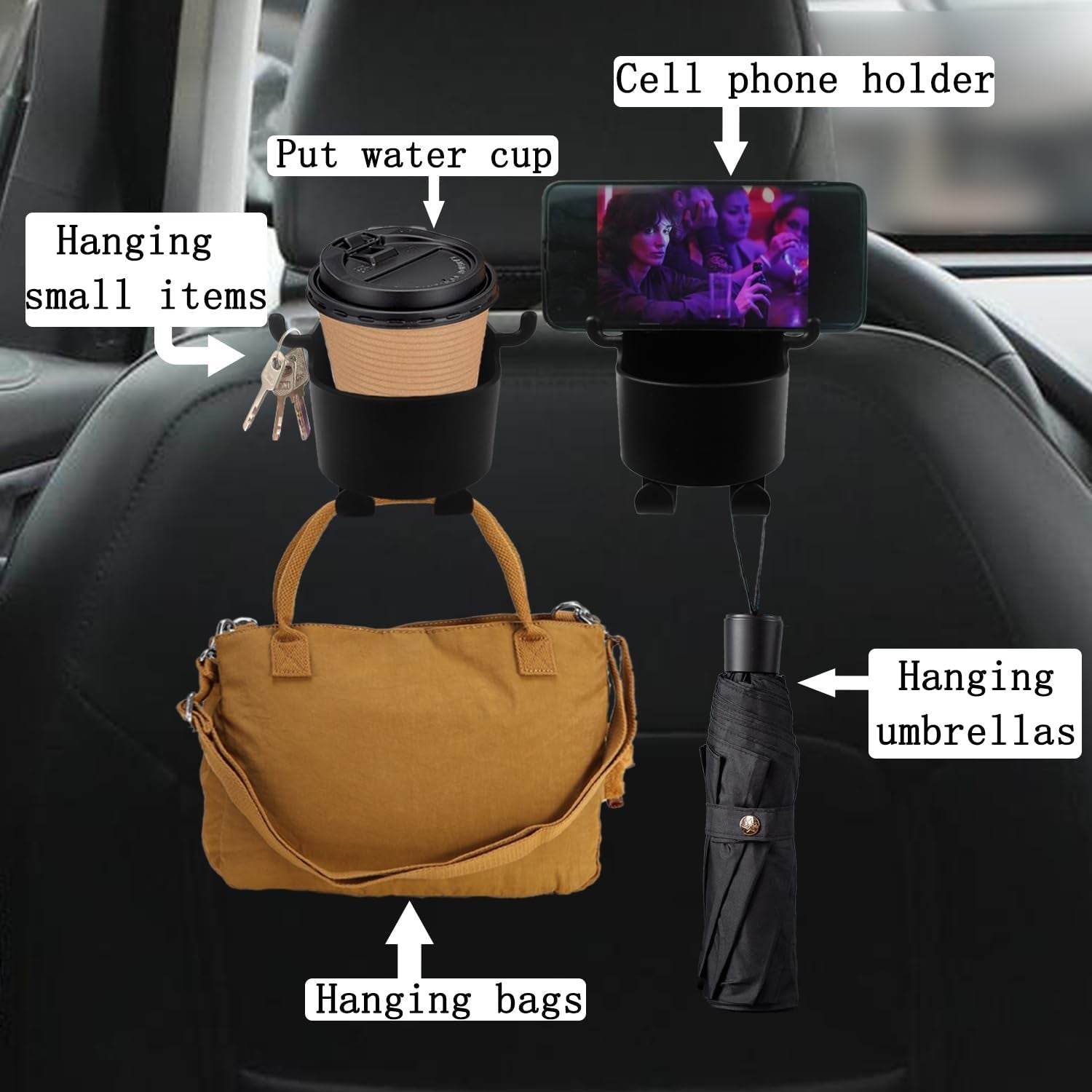 Car Headrest Backseat Organizer, 3 in 1 Automotive Cell Phone Drink cupholder Adapter with Headrest Hooks for Kids and Adults, Multifunctional Storage for Car Travel Accessories - infinityexculsivestore.com