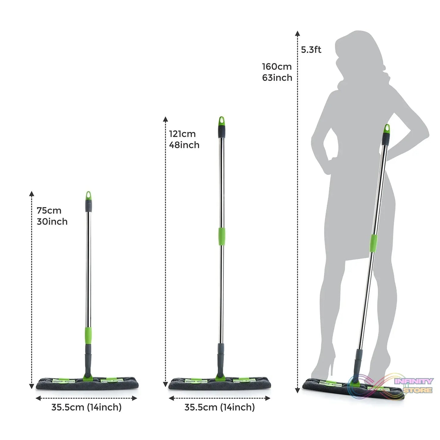 Microfiber flat mop with 360-degree rotating head, telescopic handle, multi-color.