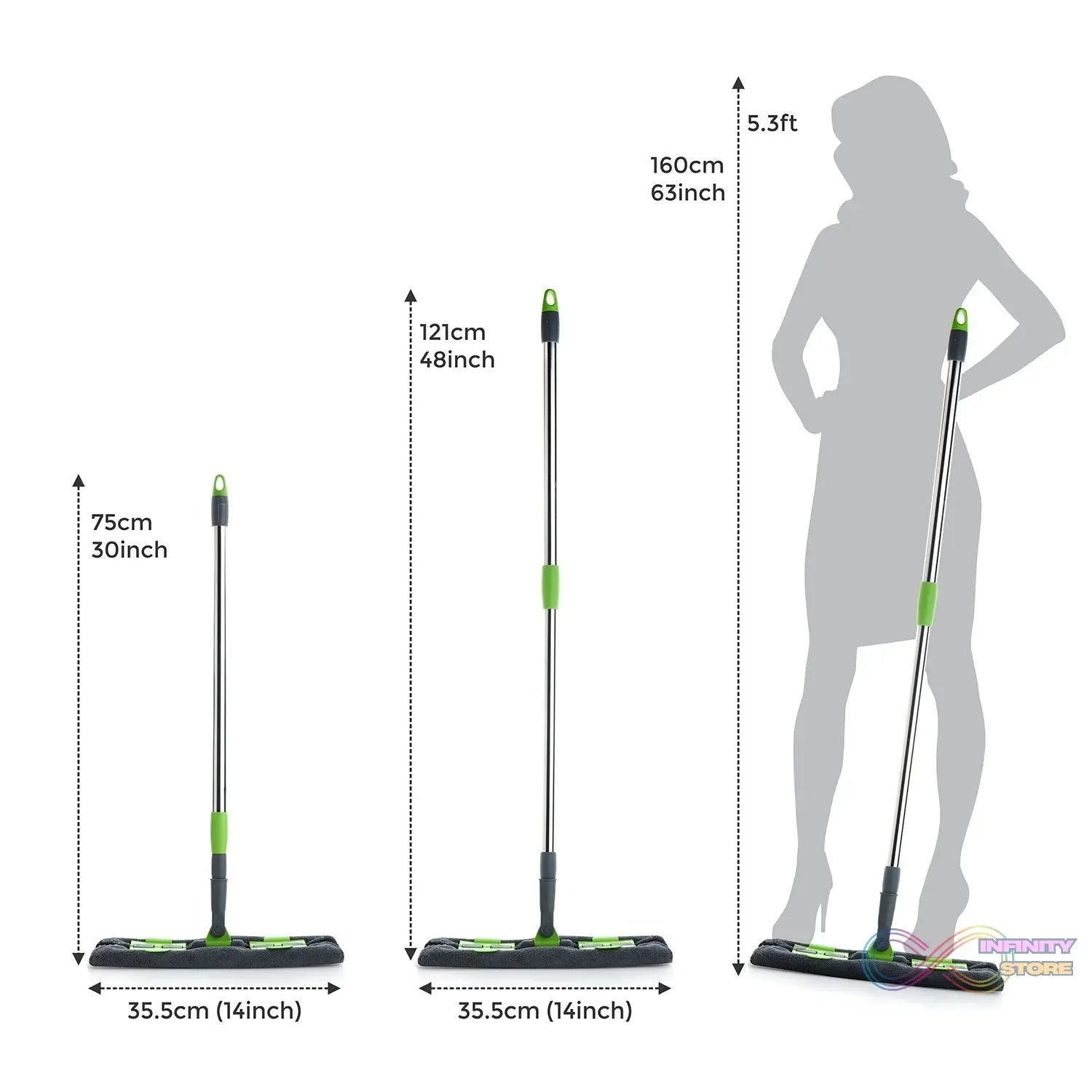 Microfiber flat mop with 360-degree rotating head, telescopic handle, multi-color.