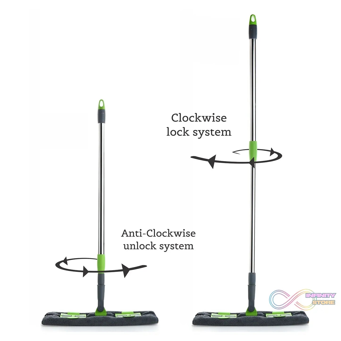 Multi-color microfiber flat mop with rotating head, telescopic handle, for wet and dry cleaning.