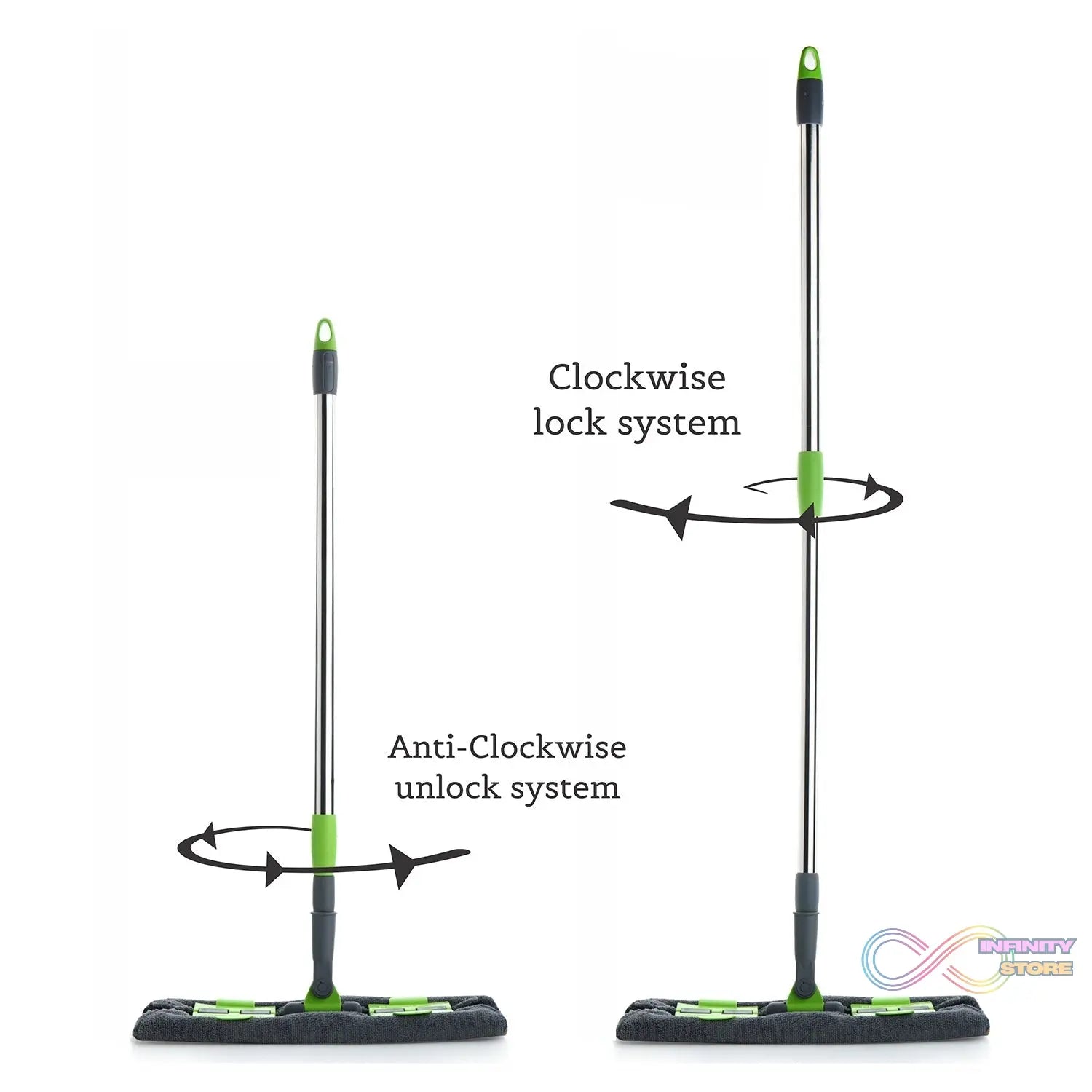 Multi-color microfiber flat mop with rotating head, telescopic handle, for wet and dry cleaning.
