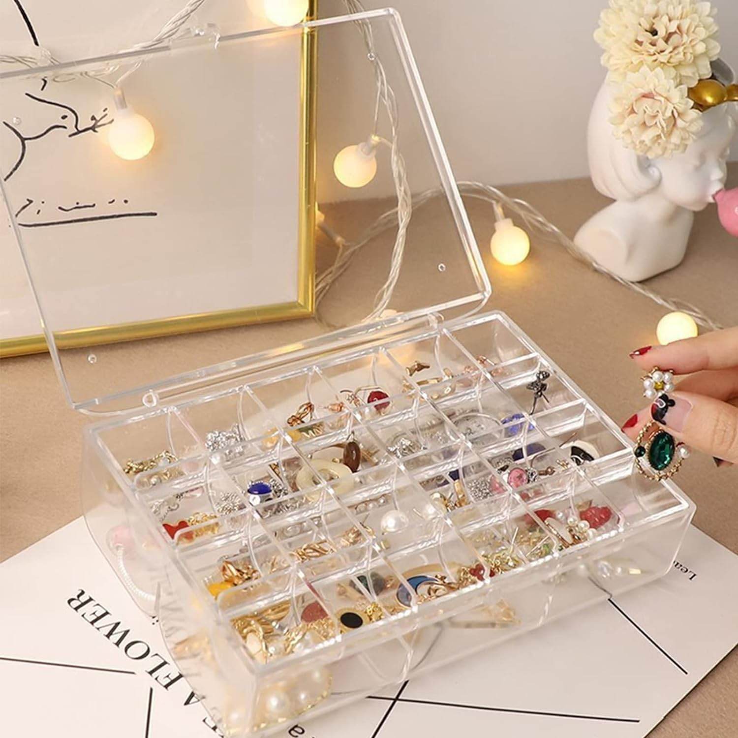2 layer Acrylic Jewelry Storage Box Dustproof Earring Box, Storage Box Portable Nail Art Storage Case, 24 - Grid Small and 6 - Grid Big case Makeup Vanity Box (1 Pc / 30 Compartment) - infinityexculsivestore.com