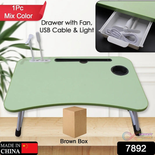 MultiPurpose Study Table Foldable Portable Notebook Bed Lap Desk Tray Stand Reading Holder with Coffee Cup Slot, Drawer, Fan, USB Cable & Light for Breakfast, Reading & Movie Watching (1 Pc Mix Color) - infinityexculsivestore.com