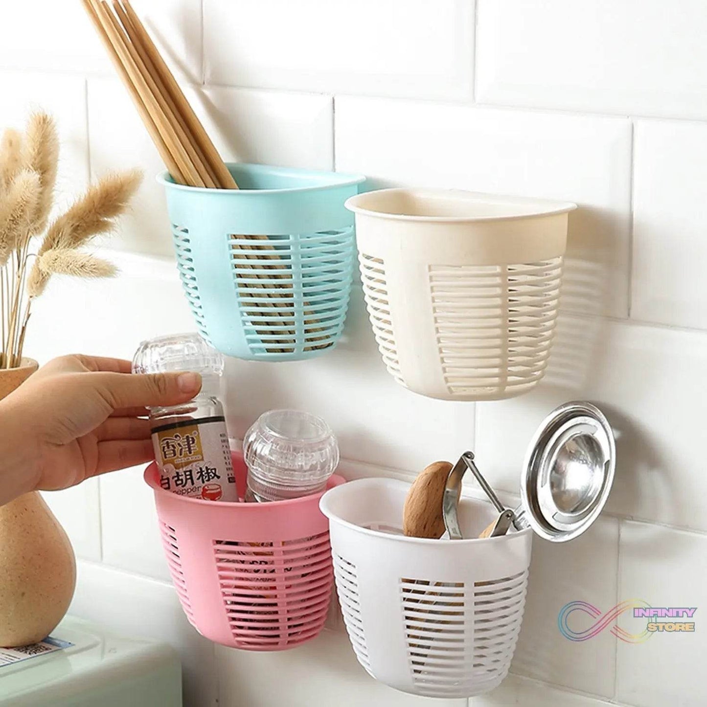 Hanging Plastic Storage Basket, Adhesive Wall Mounted Organizer Box Make Up Holder Shelf Bathroom Wall Basket Punch Free Drain Basket for Kitchen Bathroom, Wall Type Storage Basket (1 Pc) - infinityexculsivestore.com