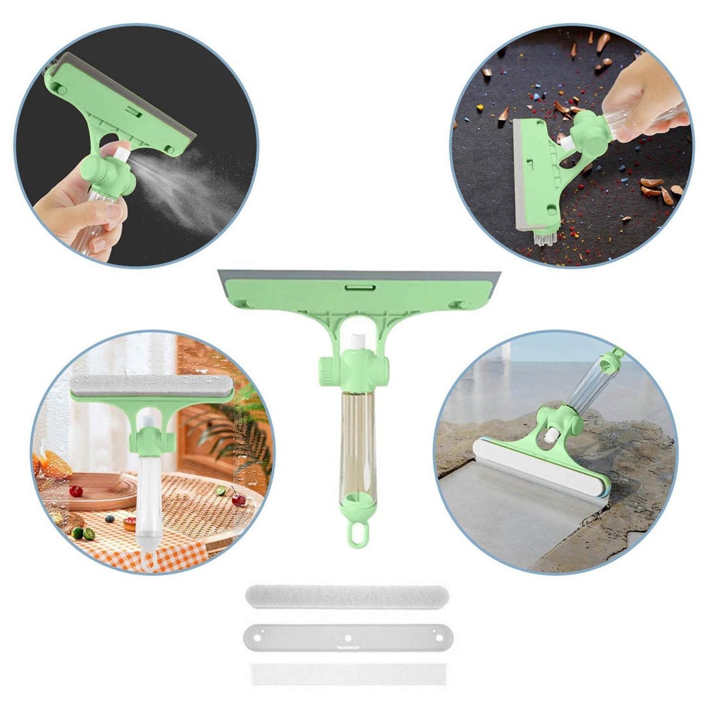 4 in 1 Multifunctional Glass Scraper, Window Glass Wiper with Watering Can, Silicon Cleaning Squeegee with Two Brush Heads, Practical Squeegee for Shower Doors, Windows, Tiles and Car Glass - infinityexculsivestore.com