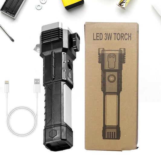 Portable 3w Rechargeable Torch LED Flashlight Long Distance Beam Range, Hammer and Strong Magnets, Window Glass and Seat Belt Cutter 4 Modes for Car Camping Hiking Indoor Outdoor - infinityexculsivestore.com