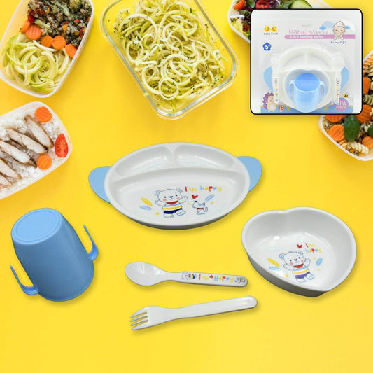 5in1 Baby Feeding Set for Kids and Toddlers,Children Children Dinnerware Set - Feeding Set for Kids, Cartoon Design Plate, Cup, Spoon, Fork Tableware Cutlery for Kids Microwave (5 Pcs Set) - infinityexculsivestore.com
