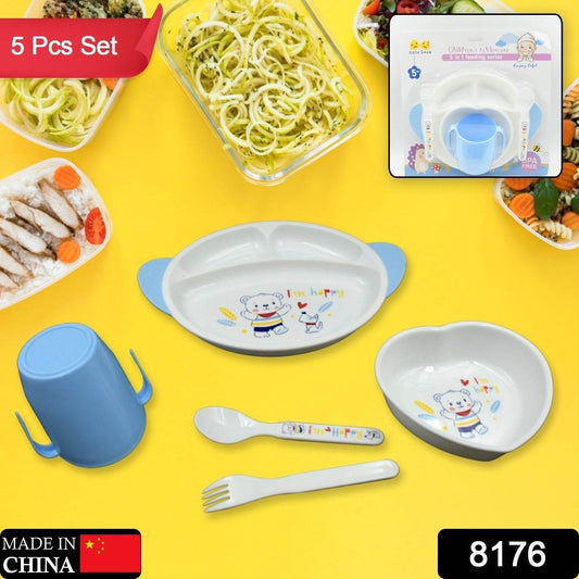 5in1 Baby Feeding Set for Kids and Toddlers,Children Children Dinnerware Set - Feeding Set for Kids, Cartoon Design Plate, Cup, Spoon, Fork Tableware Cutlery for Kids Microwave (5 Pcs Set) - infinityexculsivestore.com