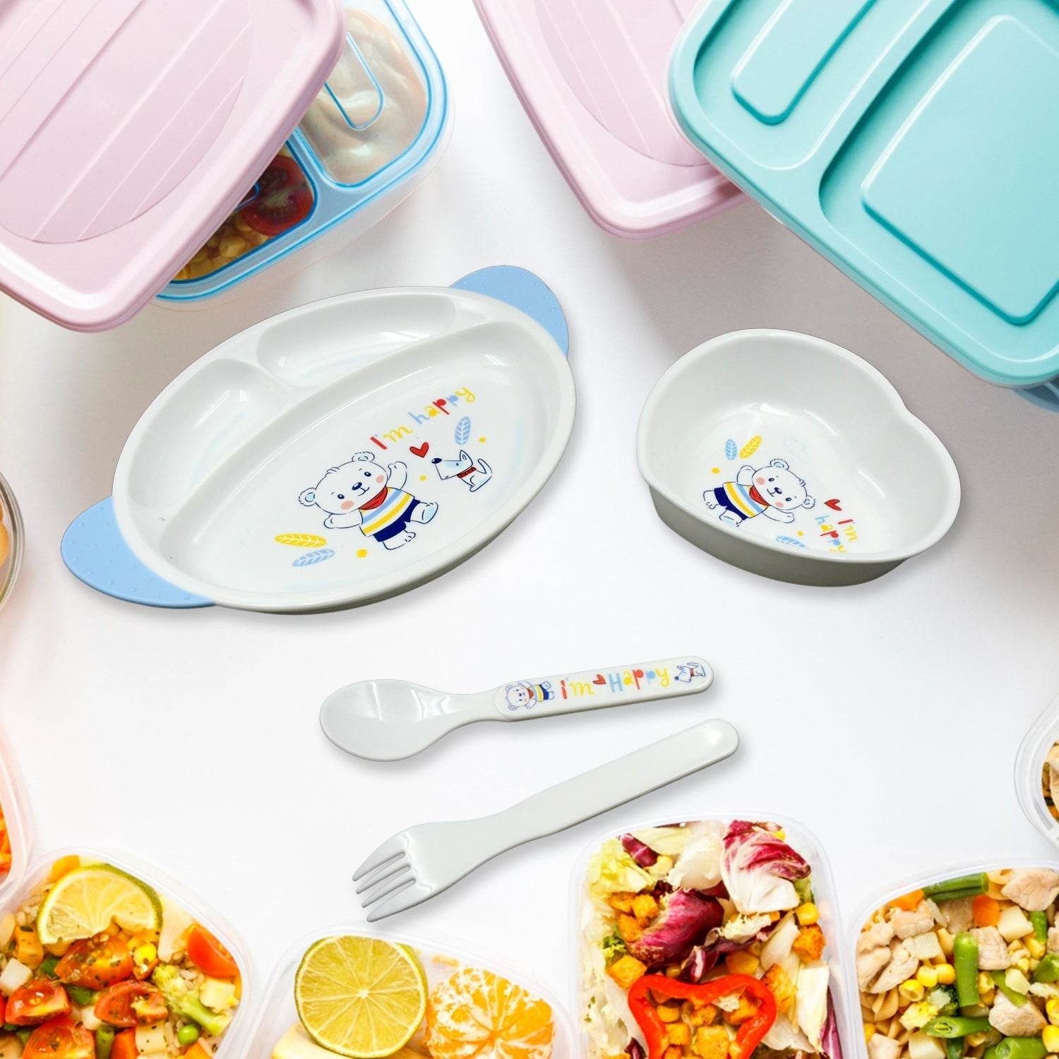 5in1 Baby Feeding Set for Kids and Toddlers,Children Children Dinnerware Set - Feeding Set for Kids, Cartoon Design Plate, Cup, Spoon, Fork Tableware Cutlery for Kids Microwave (5 Pcs Set) - infinityexculsivestore.com