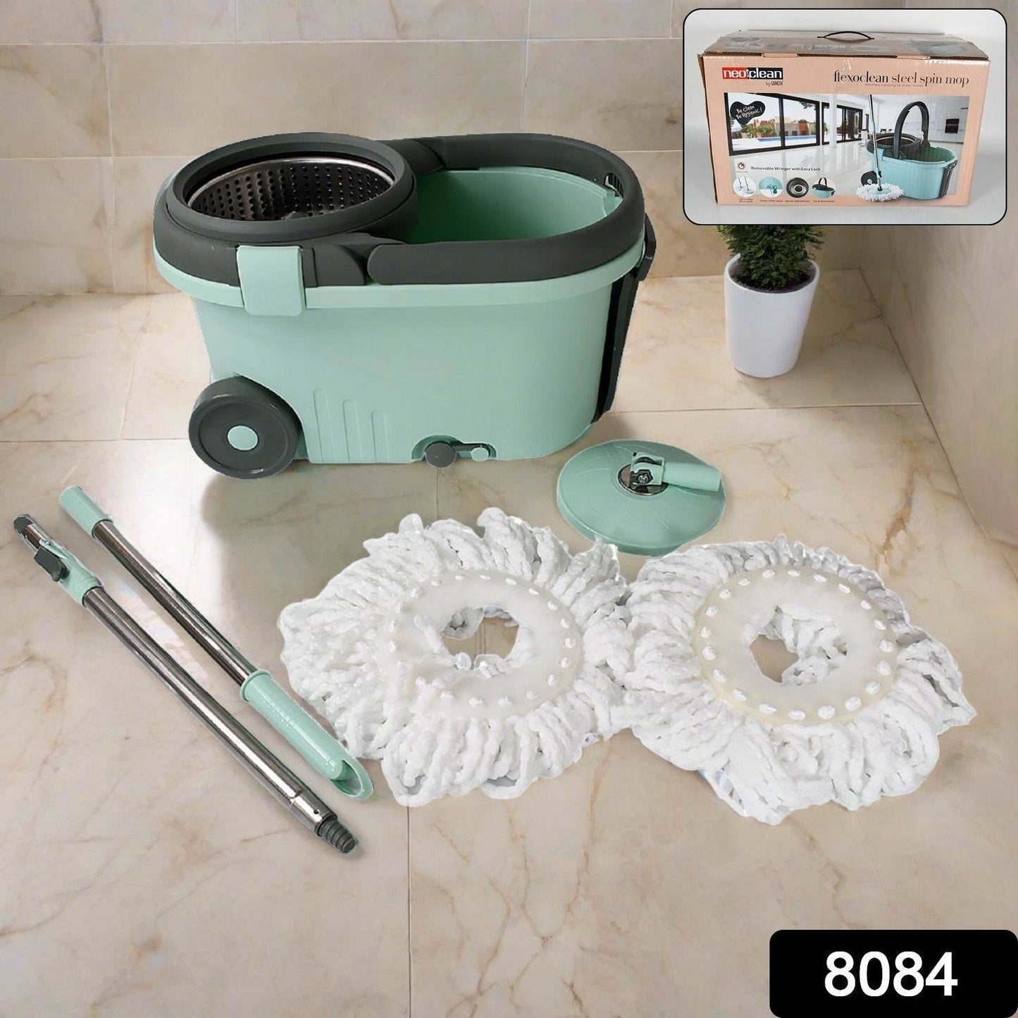 Ganesh Quick Spin Mop Steel Spin, Bucket Floor Cleaning, Easy Wheels & Big Bucket, Floor Cleaning Mop With Bucket, 2 Micro fiber head / Refill - infinityexculsivestore.com