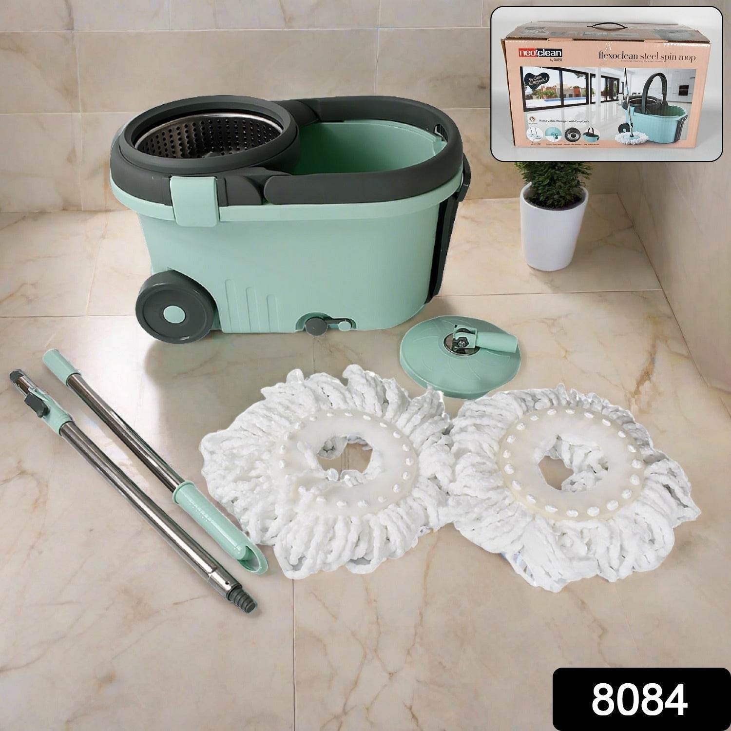 Ganesh Quick Spin Mop Steel Spin, Bucket Floor Cleaning, Easy Wheels & Big Bucket, Floor Cleaning Mop With Bucket, 2 Micro fiber head / Refill - infinityexculsivestore.com