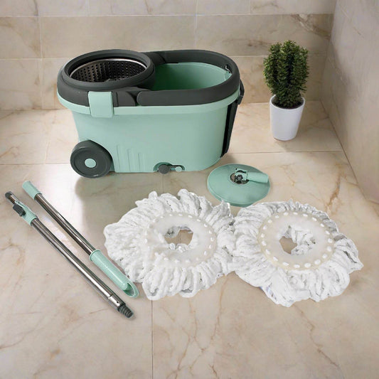 Ganesh Quick Spin Mop Steel Spin, Bucket Floor Cleaning, Easy Wheels & Big Bucket, Floor Cleaning Mop With Bucket, 2 Micro fiber head / Refill - infinityexculsivestore.com