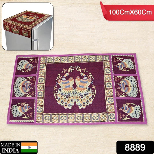 Cotton Fridge Top Cover Set - Standard, Appliance Covers Fridge Dustproof Cover with Peacock Deign 6 Utility Side Pockets Fridge Cover For All types Fridge Refrigerator Use (100x60CM) - infinityexculsivestore.com