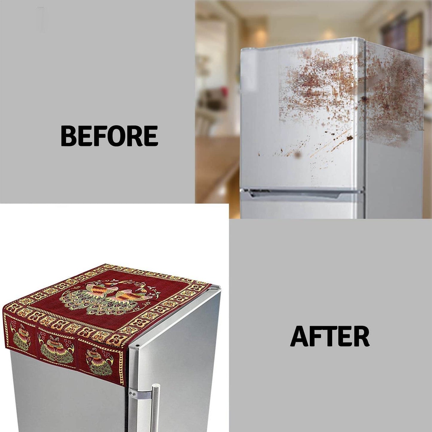 Cotton Fridge Top Cover Set - Standard, Appliance Covers Fridge Dustproof Cover with Peacock Deign 6 Utility Side Pockets Fridge Cover For All types Fridge Refrigerator Use (100x60CM) - infinityexculsivestore.com