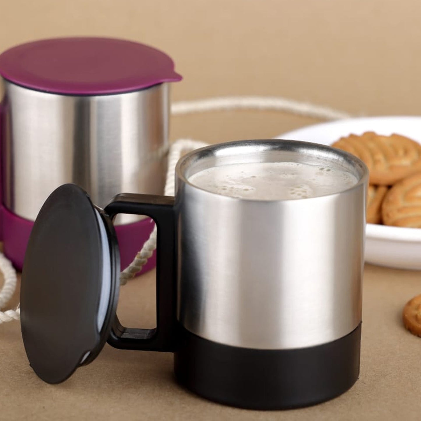 Stainless Steel Coffee/Tea Cup, Stainless Steel Lid Cover Hot Coffee/Tea Mug Hot Insulated Double Wall Stainless Steel, Coffee and Milk Cup with Lid & Handle Easy To Carry - Coffee Cup (1 Pc) - infinityexculsivestore.com