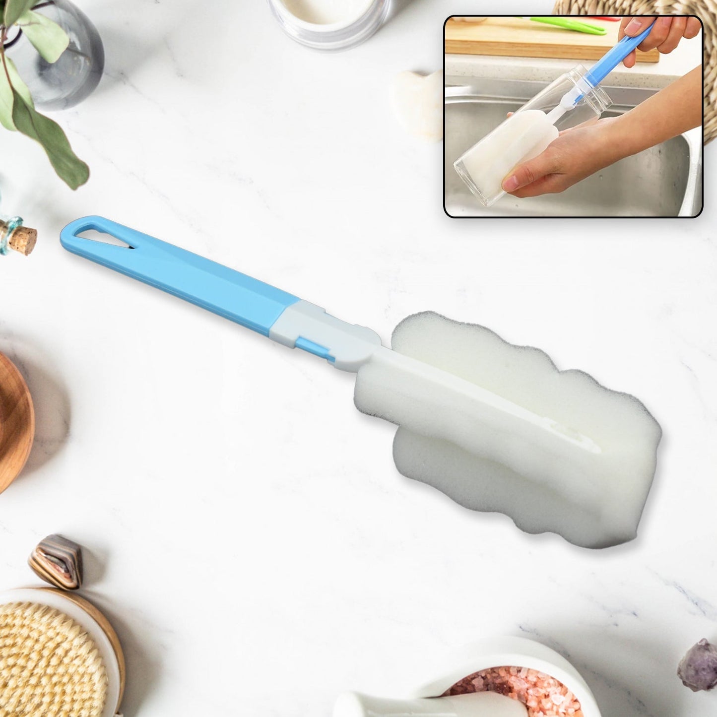 Sponge Cleaning Brush Kitchen Tool Bottle Soft Brush for Dishes| Cleaning Brush Cleaner with Plastic Long Handle, Soft Dish Washing Foam Cleaning Brushes For Cups Mugs Kettles Wine Glasses and Baby Bottles (1 Pc) - infinityexculsivestore.com