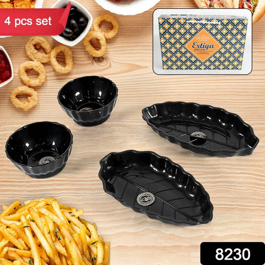 Ertiga Round Ceramic Bowl With Plastic leaf shape Serving platter Portable, Lightweight Breakfast, Serving Bowl | Highly Durable Material | Ideal for Rice, Pasta, Desserts Home & Kitchen Serving Bowl & platter (4 Pcs set) - infinityexculsivestore.com