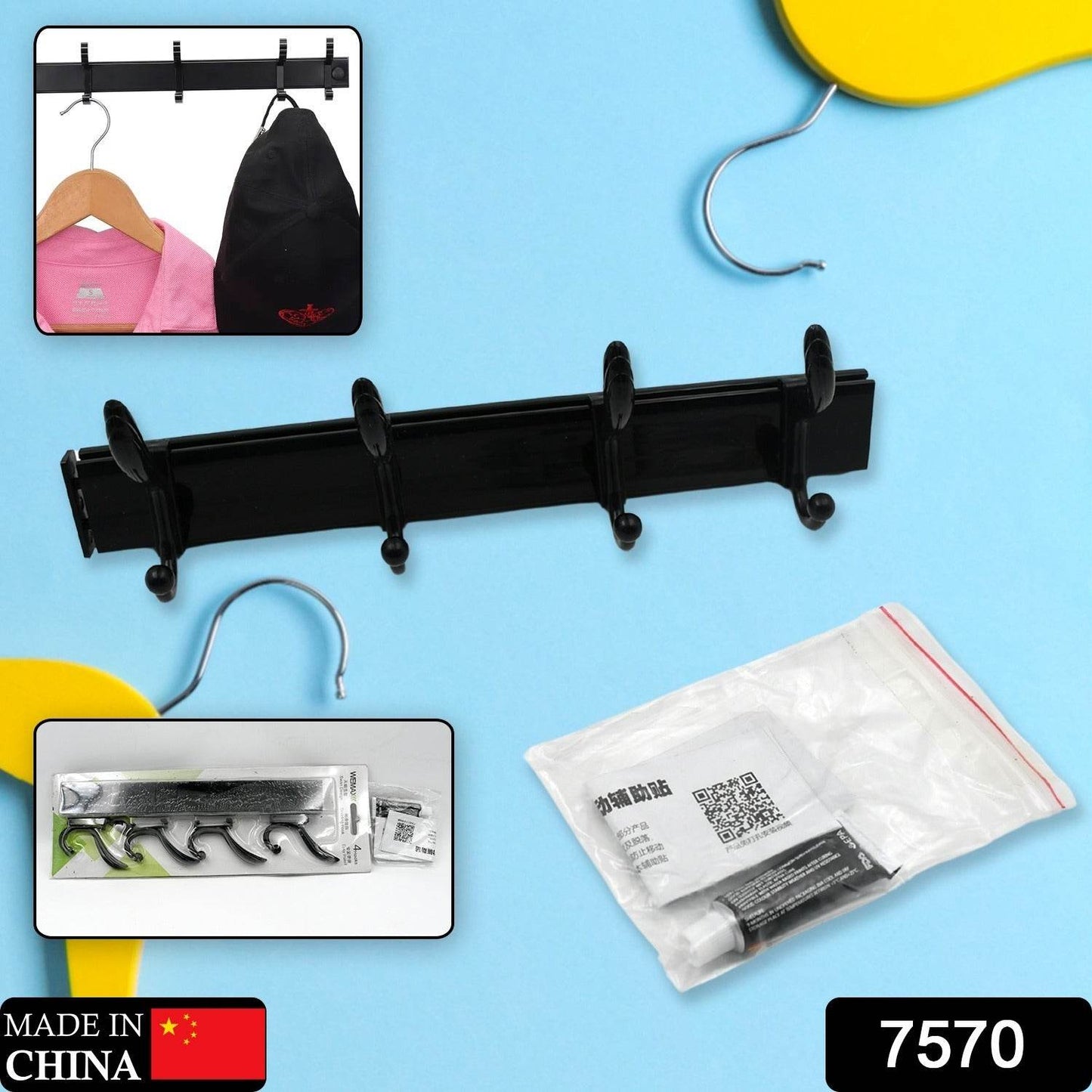 Cloth hanger, Wall Door Hooks Rail for Hanging Clothes for Hanging Hook Rack Rail, Extra Long Coat Hanger Wall Mount for Clothes, Jacket, Hats, 6 Hook With Eco-friendly Liquid Adhesive Glue - infinityexculsivestore.com
