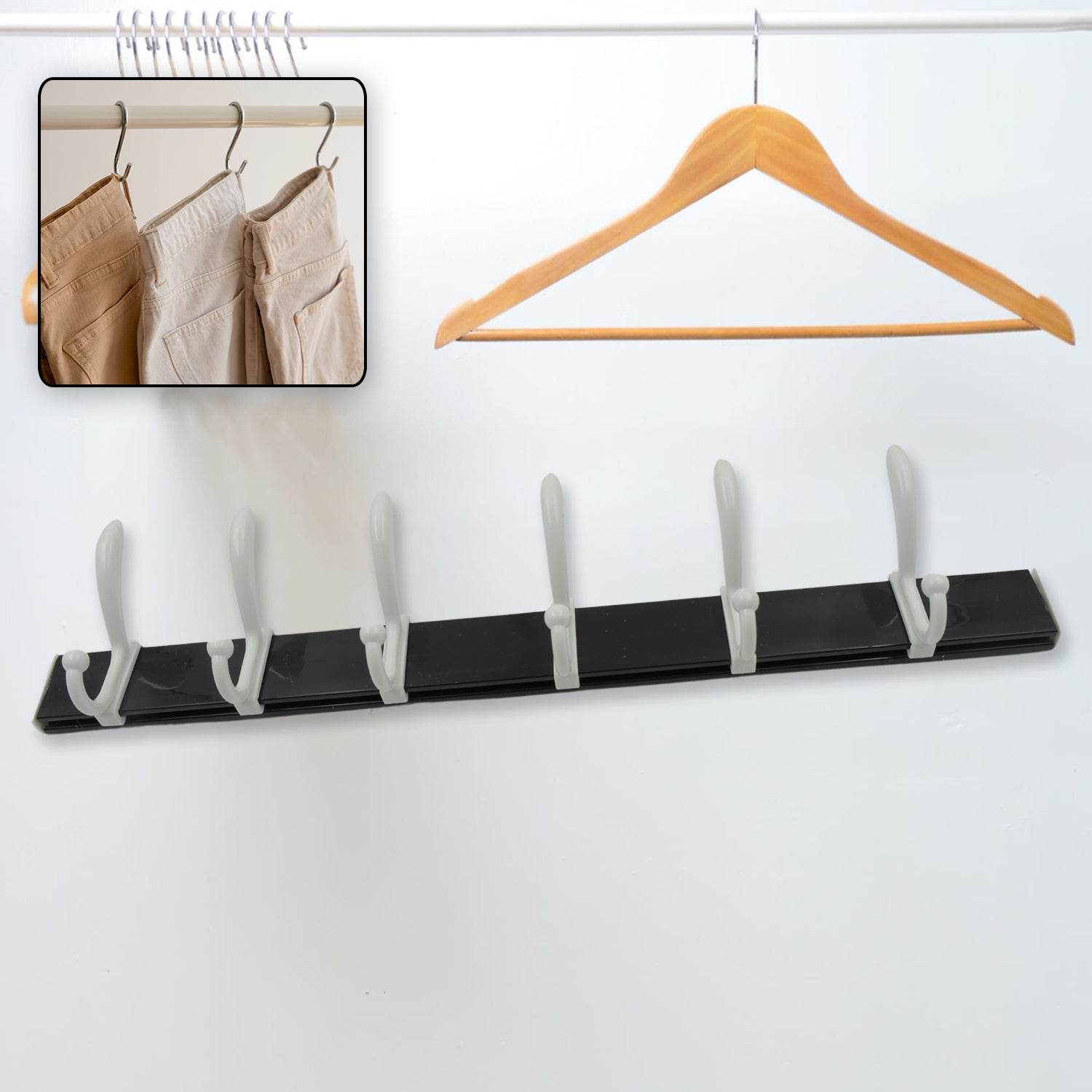 Cloth hanger, Wall Door Hooks Rail for Hanging Clothes for Hanging Hook Rack Rail, Extra Long Coat Hanger Wall Mount for Clothes, Jacket, Hats, 6 Hook With Eco-friendly Liquid Adhesive Glue - infinityexculsivestore.com