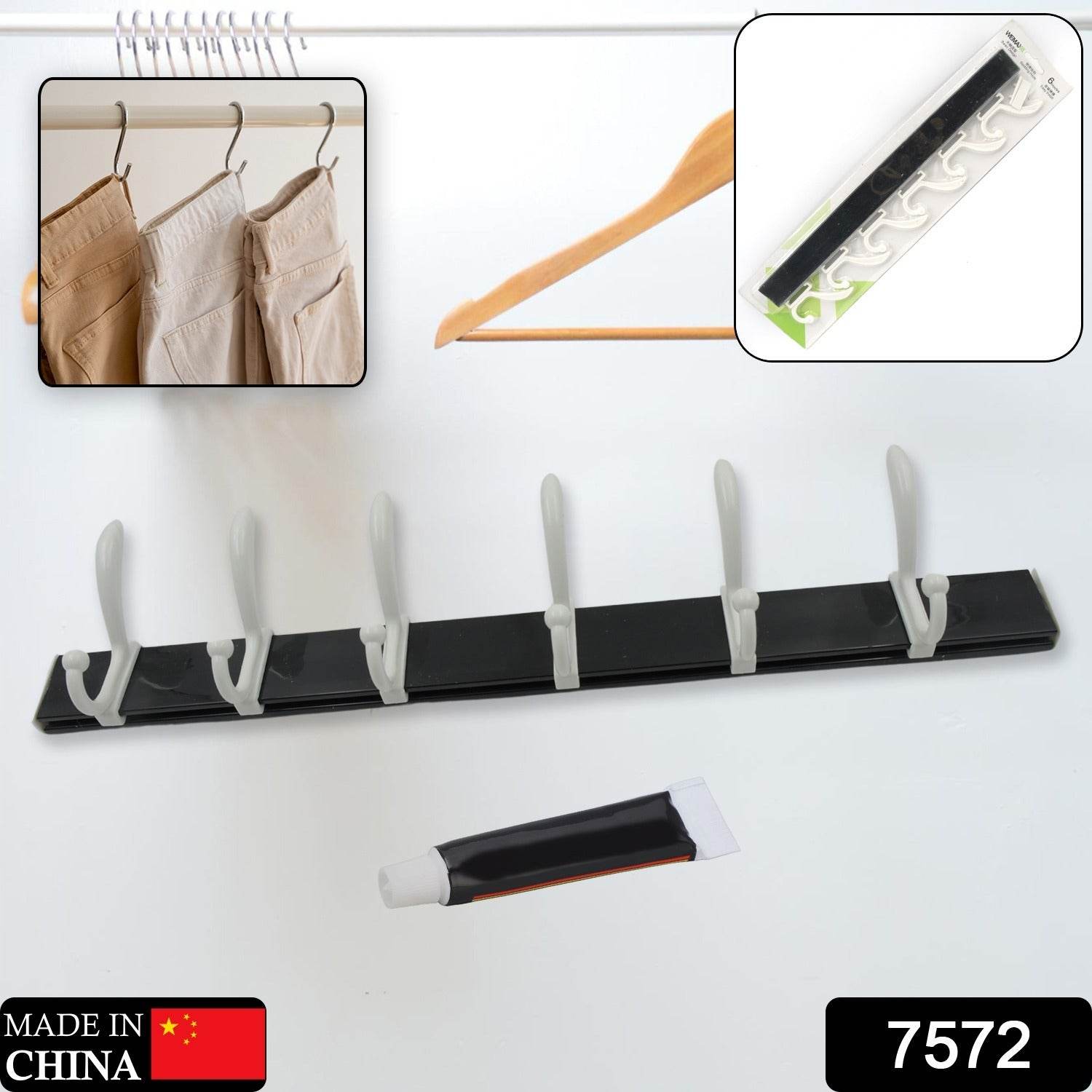 Cloth hanger, Wall Door Hooks Rail for Hanging Clothes for Hanging Hook Rack Rail, Extra Long Coat Hanger Wall Mount for Clothes, Jacket, Hats, 6 Hook With Eco-friendly Liquid Adhesive Glue - infinityexculsivestore.com