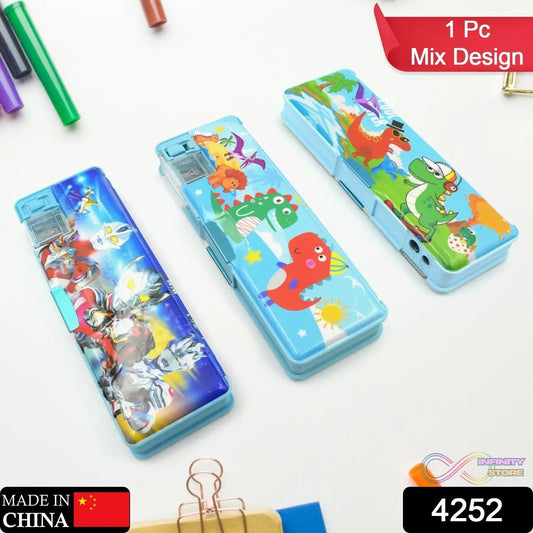 Multipurpose Compass Box, Plastic Double Deck Pencil Case with 2 Compartments, Supplies Utility Box Storage Organizer, Pencil Box for School, Cartoon Printed Pencil Case for Kids, Birthday Gift for Girls & Boys (1 Pc Mix Design) - infinityexculsivestore.com
