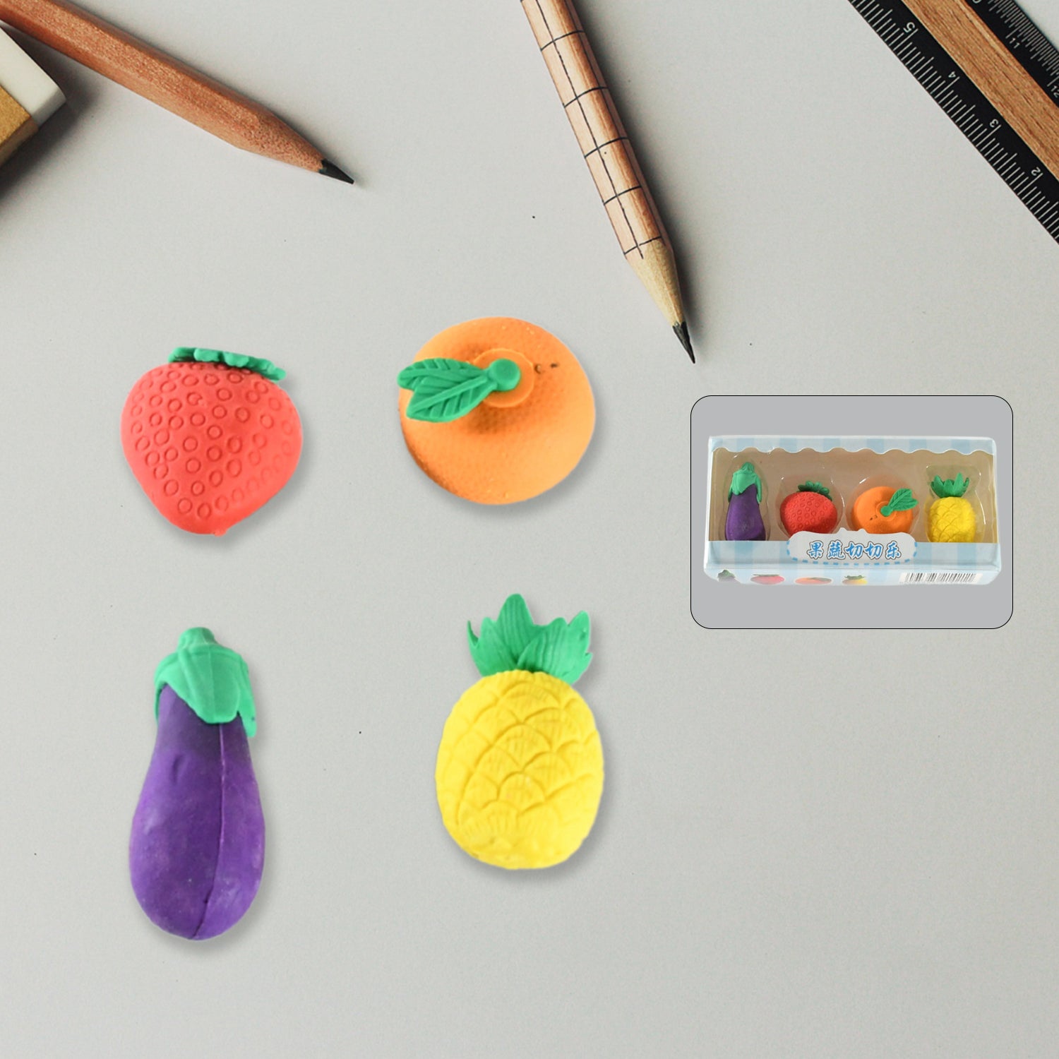 Mini Cute Vegetables and Fruits Erasers or Pencil Rubbers for Kids, 1 Set Fancy & Stylish Colorful Erasers for Children, Eraser Set for Return Gift, Birthday Party, School Prize, 3D Erasers (4 pc Set) - infinityexculsivestore.com