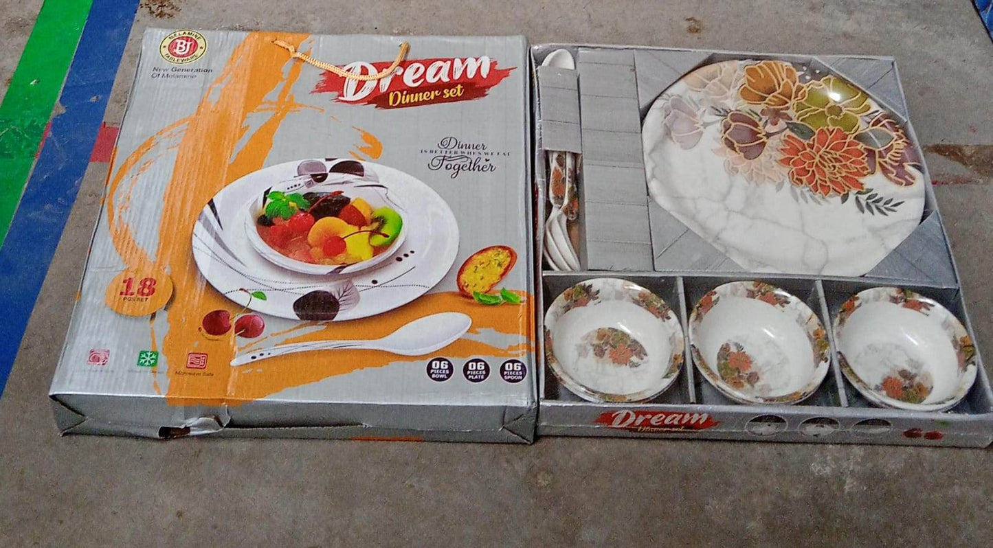 Dream High Quality plastic Dinning Dinner set with Unique Flower Design Printed, 6 pc Plates, 6 pc Bowls and 6 pc Serving Spoon, Lightweight Round Plates and Bowls, Microwave, and Dishwasher Safe (18 Pcs set) - infinityexculsivestore.com