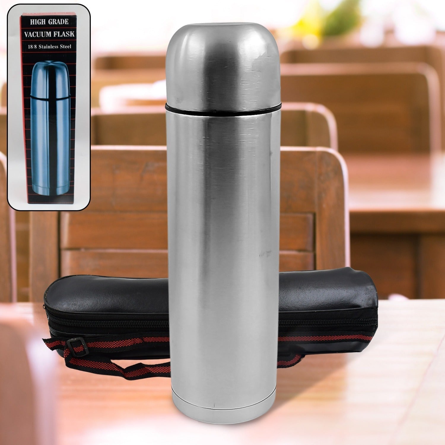 Vacuum Flask With Cover, 18/8 Stainless Steel | Hot and Cold Water Bottle with Push - Down Lid | Double Walled Stainless Steel Bottle for Travel, Home, Office, School, Picnic ( Approx 500 ML / With Cover) - infinityexculsivestore.com