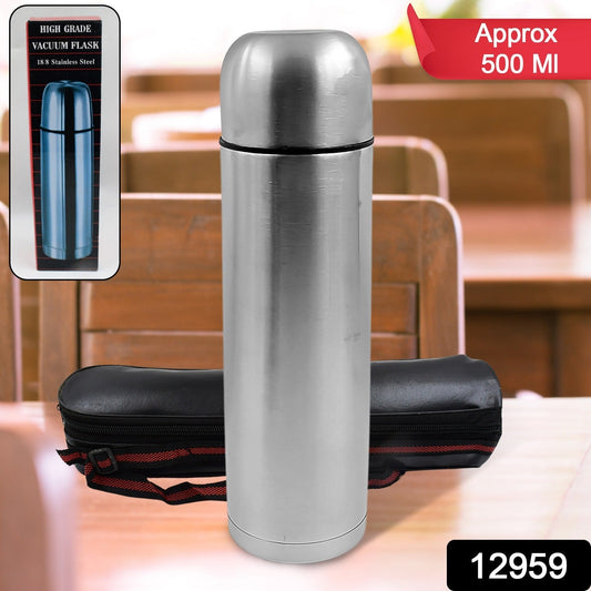 Vacuum Flask With Cover, 18/8 Stainless Steel | Hot and Cold Water Bottle with Push - Down Lid | Double Walled Stainless Steel Bottle for Travel, Home, Office, School, Picnic ( Approx 500 ML / With Cover) - infinityexculsivestore.com