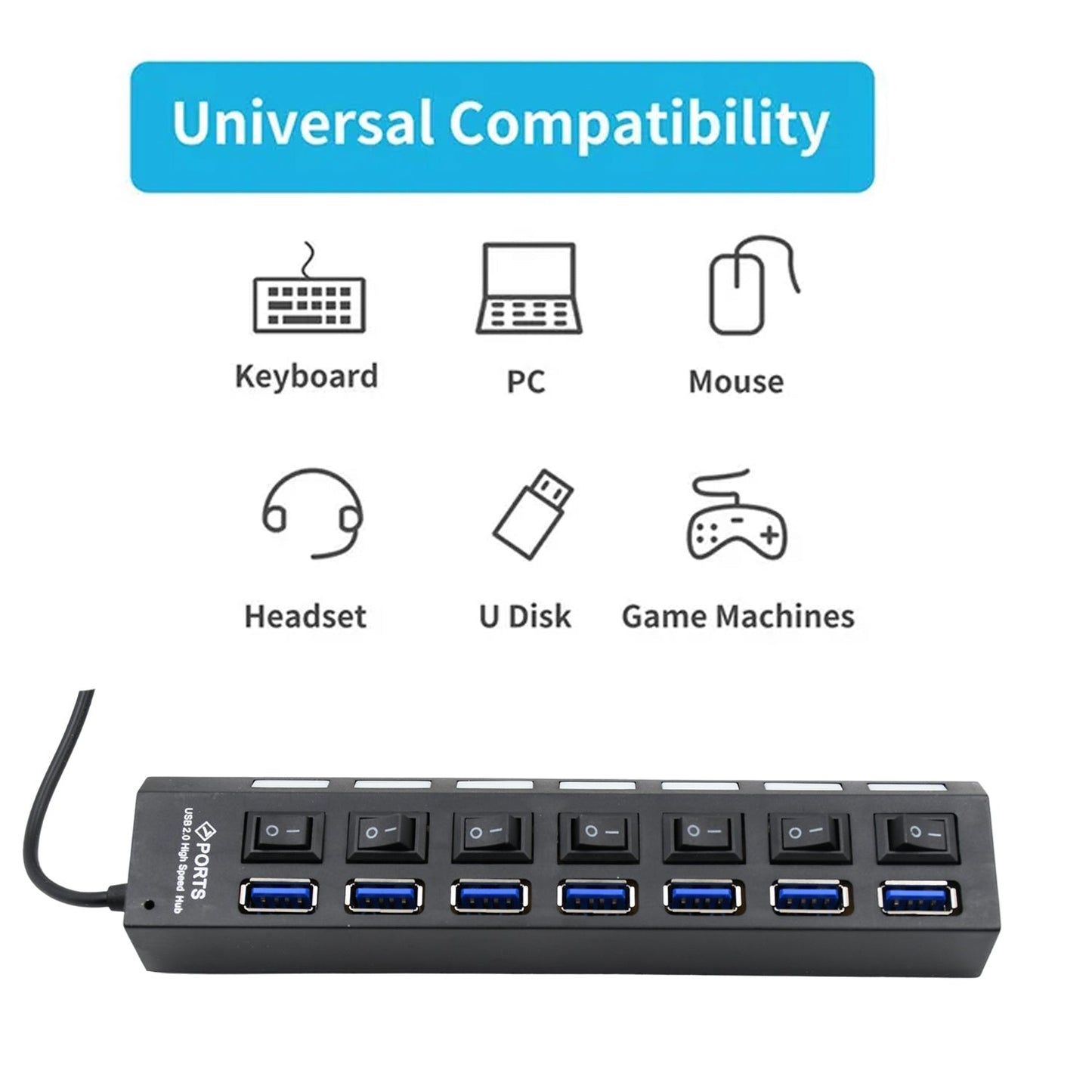 USB Splitter Multi Port USB 2.0 Hub, 7 Port with Independent On/Off Switch and LED Indicators USB A Port Data Hub, Suitable for PC Computer Keyboard Laptop Mobile HDD, Flash Drive Etc - infinityexculsivestore.com