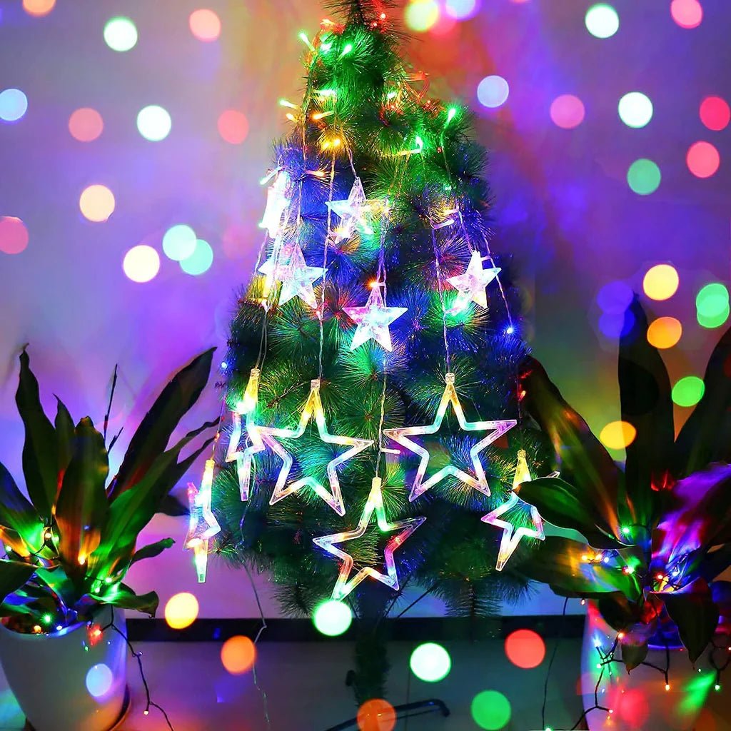 12 Stars LED Curtain String Lights with 8 Flashing Modes for Home Decoration, Diwali & Wedding LED Christmas Light Indoor and Outdoor Light ,Festival Decoration (Multicolor / With Box) - infinityexculsivestore.com