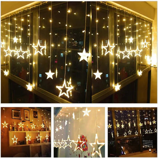 12 Stars LED Curtain String Lights with 8 Flashing Modes for Home Decoration, Diwali & Wedding LED Christmas Light Indoor and Outdoor Light ,Festival Decoration (Warm White / With Box) - infinityexculsivestore.com