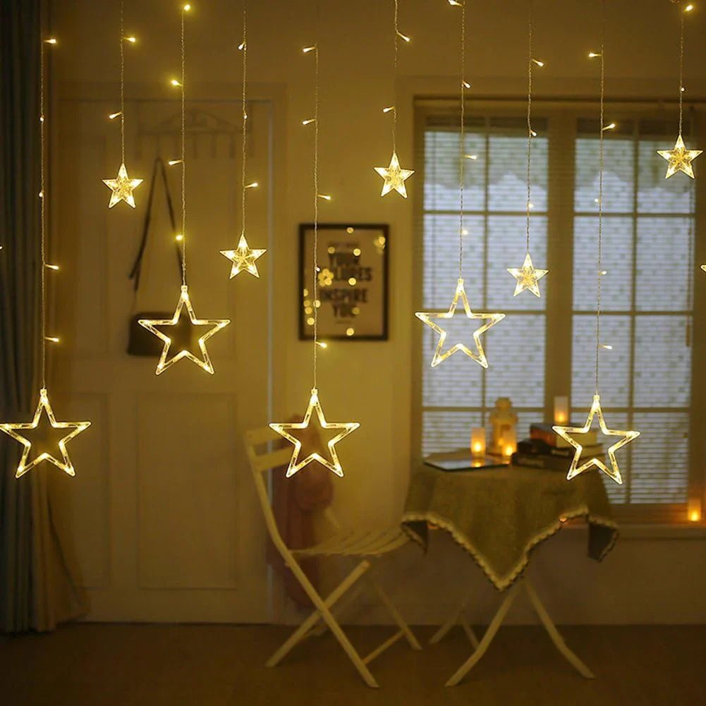 12 Stars LED Curtain String Lights with 8 Flashing Modes for Home Decoration, Diwali & Wedding LED Christmas Light Indoor and Outdoor Light ,Festival Decoration (Warm White / With Box) - infinityexculsivestore.com