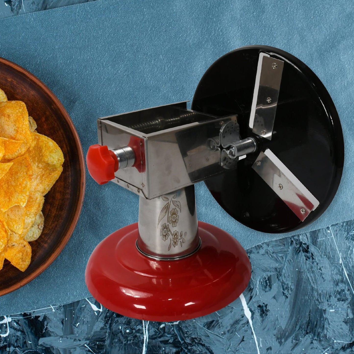 Stainless Steel Chips Maker and Vegetable Slicer for Kitchen Potato Slicer Graters and Chippers. Chips Maker is Suitable for Vegetable Cuttings. Chips Maker Consist Hard Coated Iron Wheel and Stand. - infinityexculsivestore.com