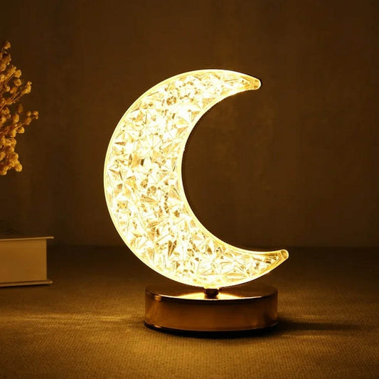 Crystal Table Lamp | Moon Shape Touch Control Lamp with 3 Color | Metal Bedside Lamp for Kids Bedroom Romantic Desktop Nightstand | Stepless Dimming USB Charging Touch Night Light - infinityexculsivestore.com