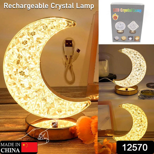 Crystal Table Lamp | Moon Shape Touch Control Lamp with 3 Color | Metal Bedside Lamp for Kids Bedroom Romantic Desktop Nightstand | Stepless Dimming USB Charging Touch Night Light - infinityexculsivestore.com