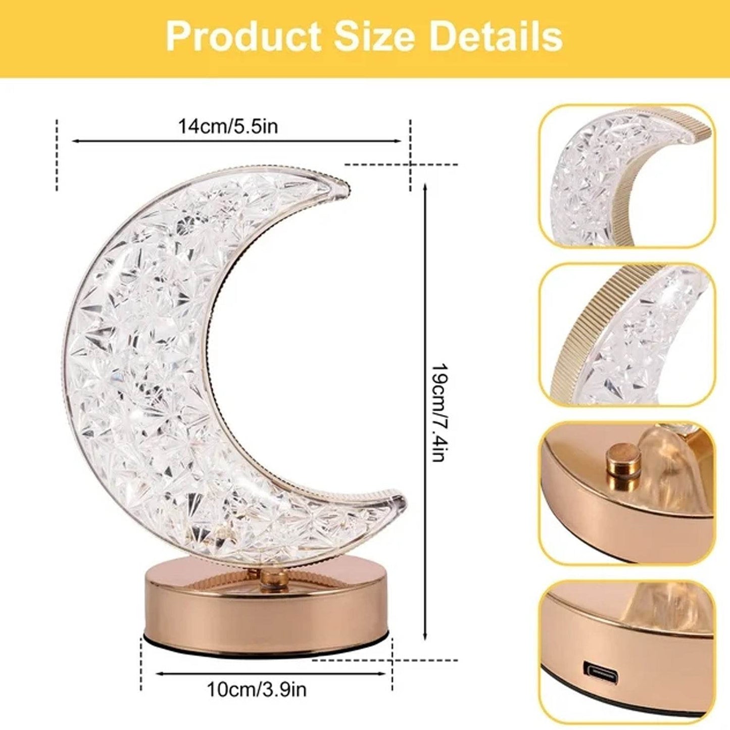 Crystal Table Lamp | Moon Shape Touch Control Lamp with 3 Color | Metal Bedside Lamp for Kids Bedroom Romantic Desktop Nightstand | Stepless Dimming USB Charging Touch Night Light - infinityexculsivestore.com
