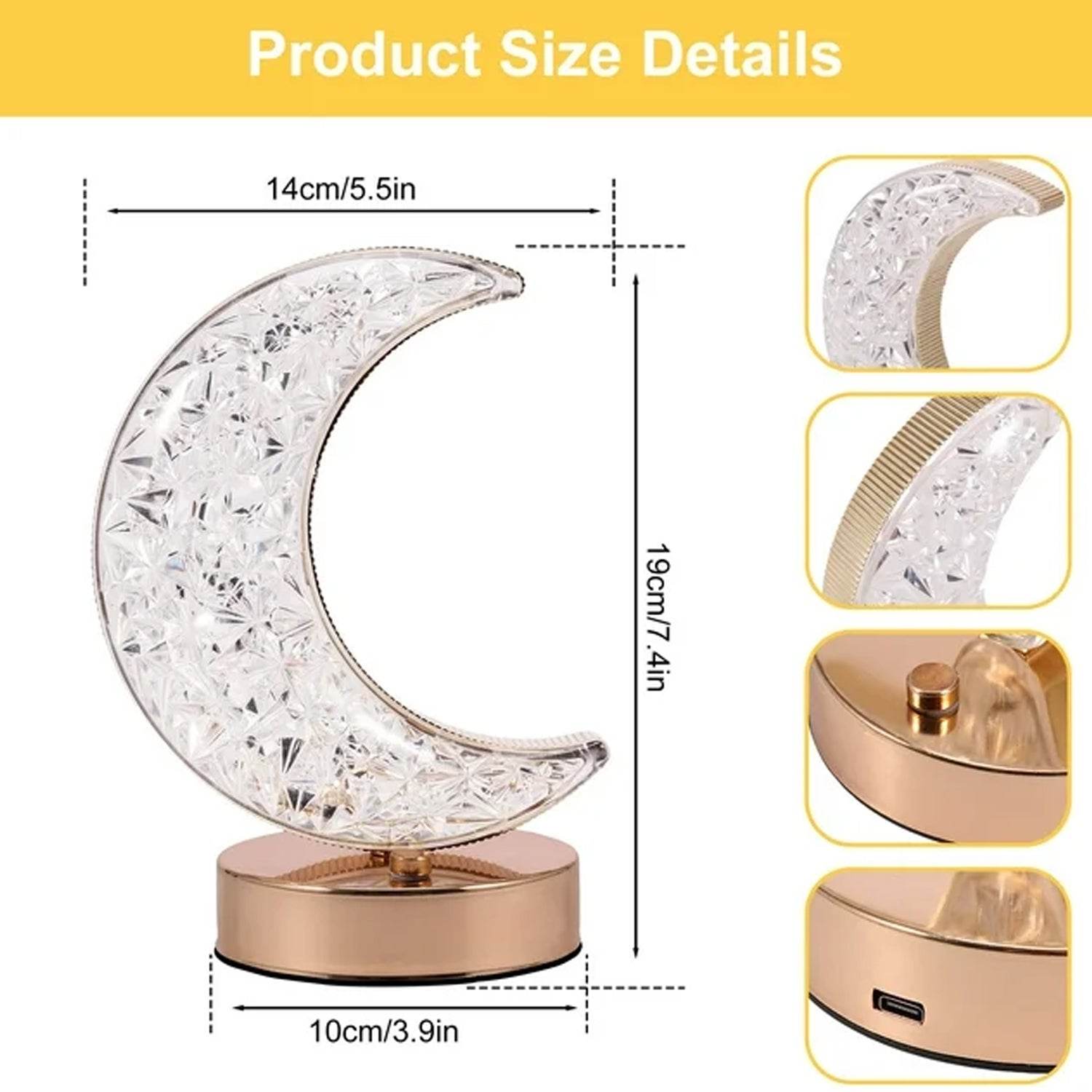Crystal Table Lamp | Moon Shape Touch Control Lamp with 3 Color | Metal Bedside Lamp for Kids Bedroom Romantic Desktop Nightstand | Stepless Dimming USB Charging Touch Night Light - infinityexculsivestore.com
