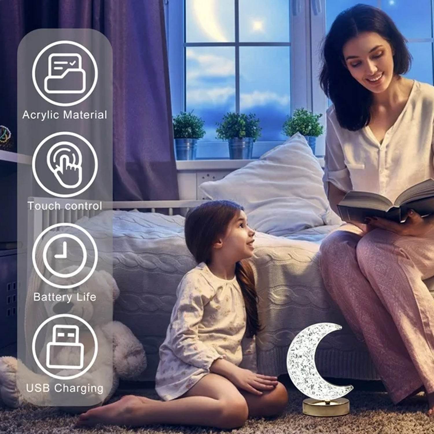 Crystal Table Lamp | Moon Shape Touch Control Lamp with 3 Color | Metal Bedside Lamp for Kids Bedroom Romantic Desktop Nightstand | Stepless Dimming USB Charging Touch Night Light - infinityexculsivestore.com