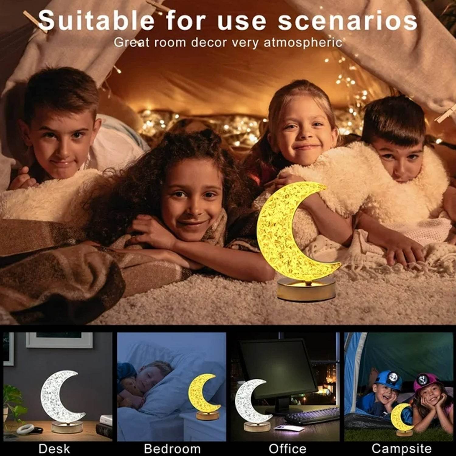 Crystal Table Lamp | Moon Shape Touch Control Lamp with 3 Color | Metal Bedside Lamp for Kids Bedroom Romantic Desktop Nightstand | Stepless Dimming USB Charging Touch Night Light - infinityexculsivestore.com
