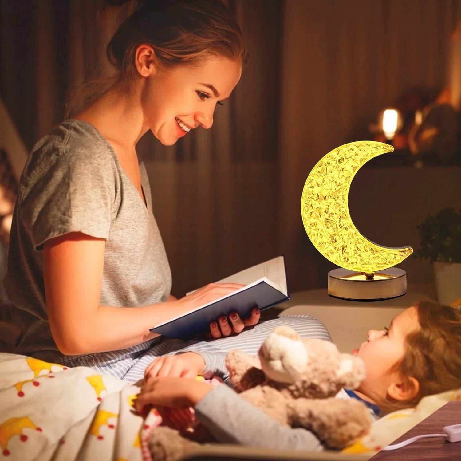 Crystal Table Lamp | Moon Shape Touch Control Lamp with 3 Color | Metal Bedside Lamp for Kids Bedroom Romantic Desktop Nightstand | Stepless Dimming USB Charging Touch Night Light - infinityexculsivestore.com